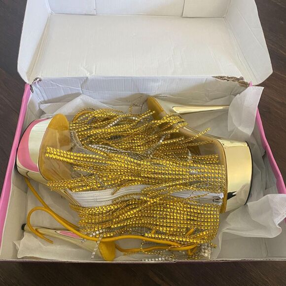 Gold Platform Rhinestone Tassels Disco Stripper Gogo Dancer Heels Shoes NWB US 9 - Picture 8 of 8